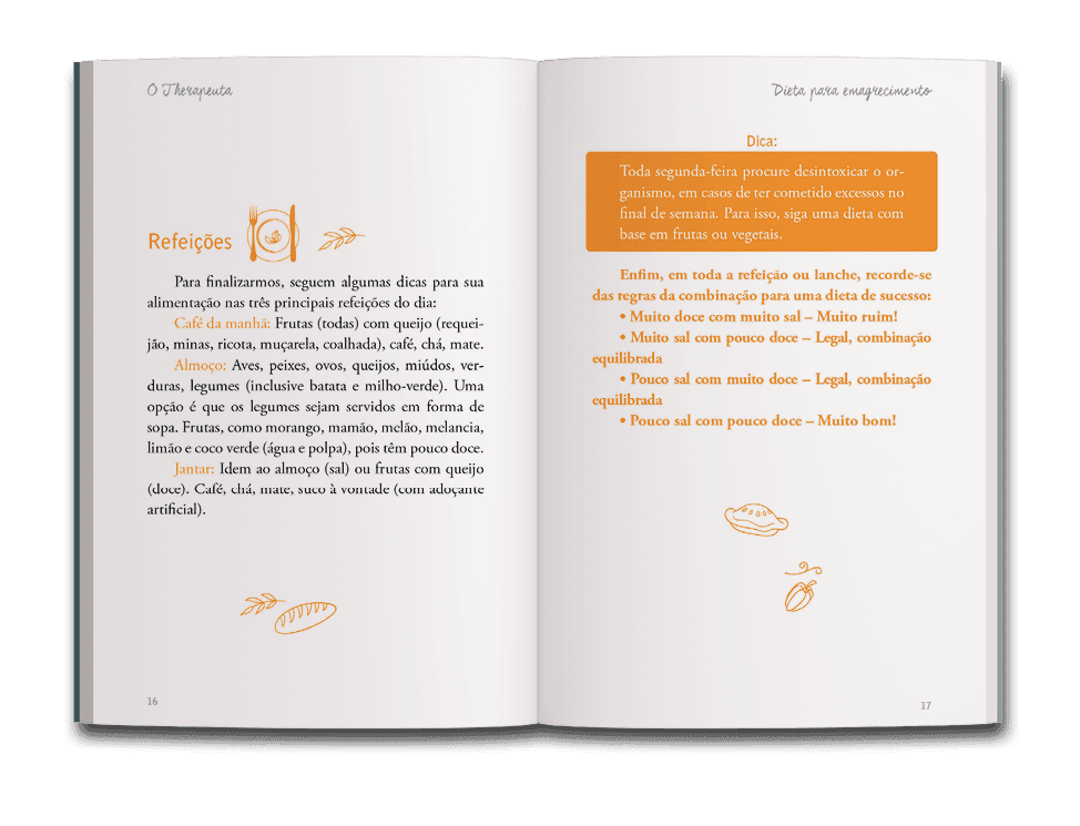 Página dupla sobre as principais refeições do dia do livro O therapeuta: dieta para emagrecimento