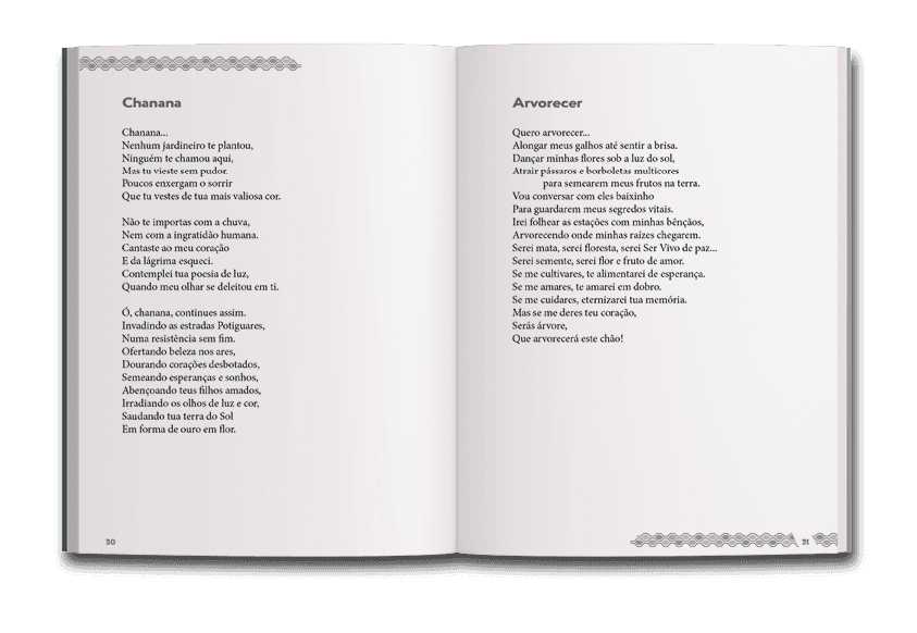 Página dupla contendo poemas do livro abyayala membyra nhe engara