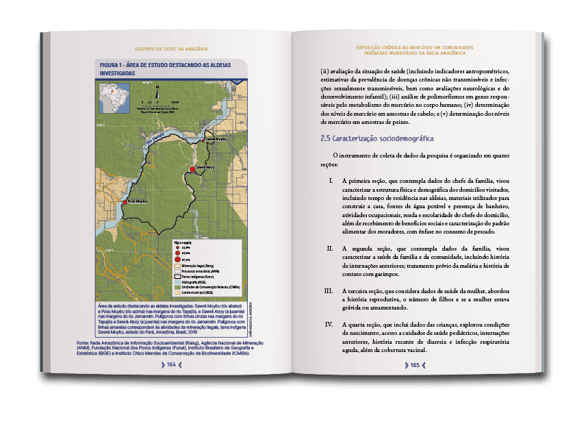 Página dupla do livro Garimpo de ouro na amazônia: crime, contaminação e morte, de Paulo Cesar Basta e Ana Claudia Santiago de Vasconcellos