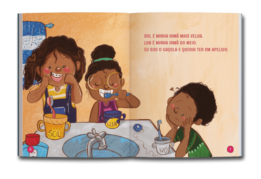 Página dupla de miolo do livro Sol, lua e o menino sem apelido, de Gisele Jordas