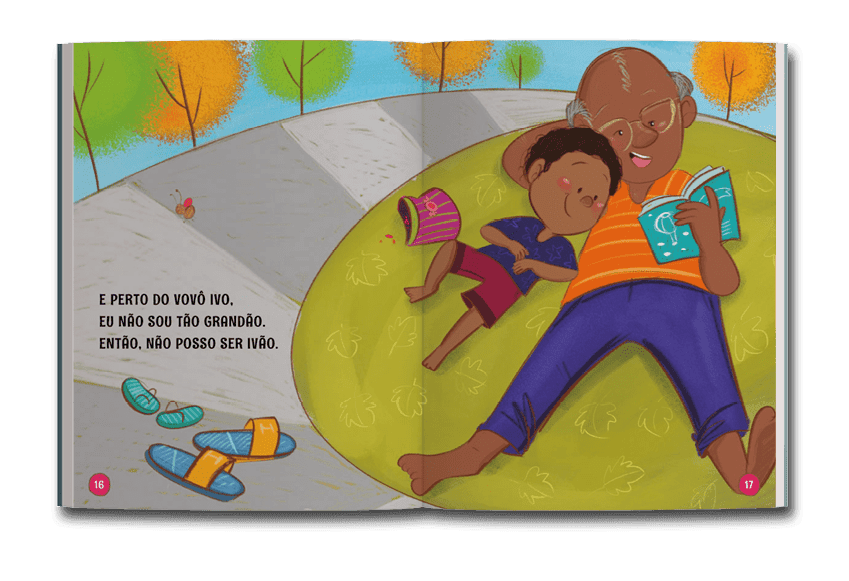 Página dupla de miolo do livro Sol, lua e o menino sem apelido, de Gisele Jordas