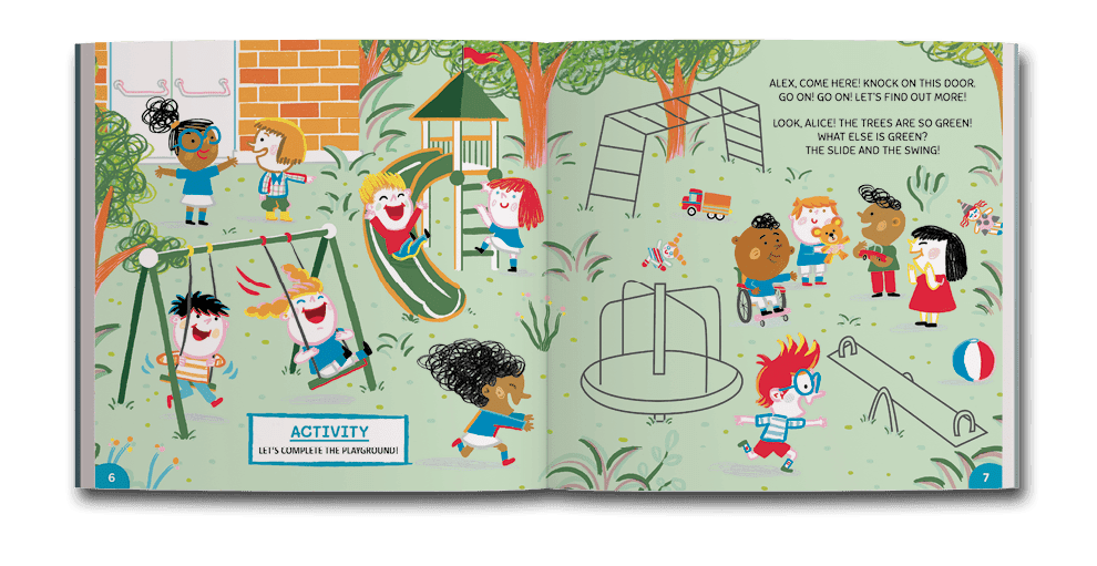 Página dupla de miolo do livro A day at the farm, de Guilherme Kroll