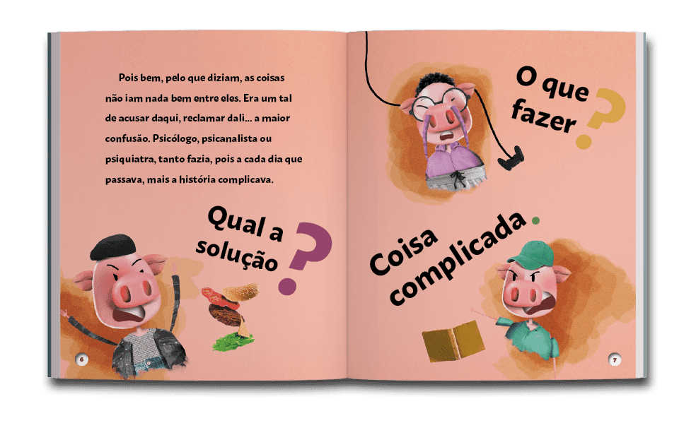 Página dupla de miolo do livro Os três porquinhos no divã, de Júlio Emílio Braz