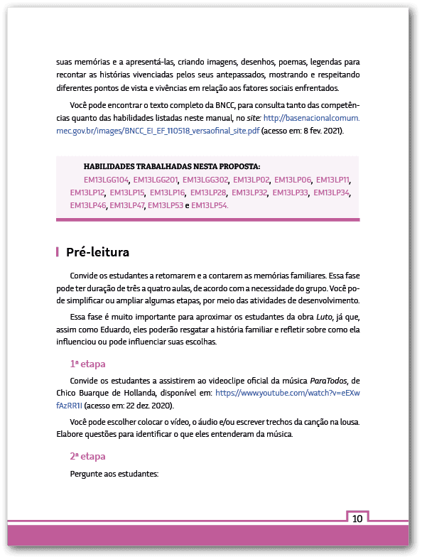 Página do Manual do professor da obra luto