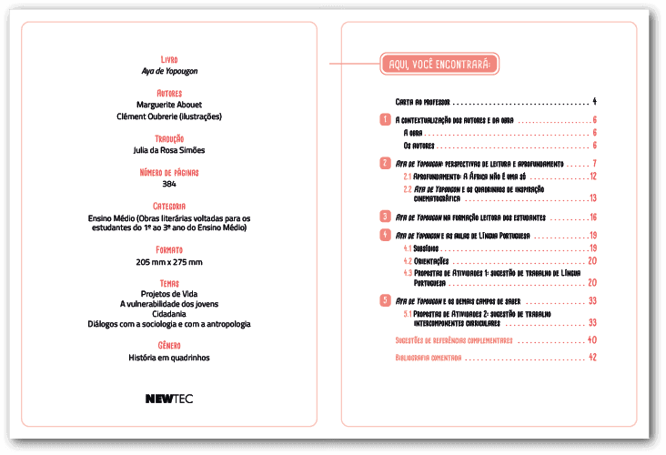 Página dupla do Manual do professor da obra Aya de Yopougon