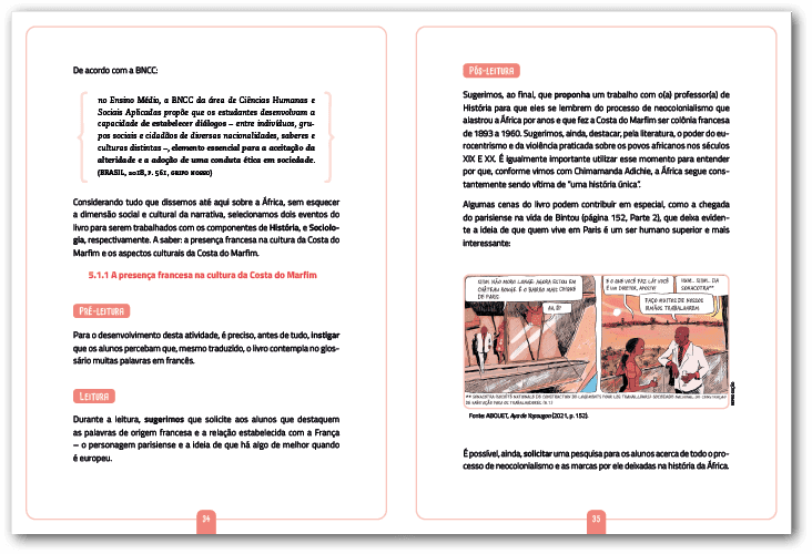 Página dupla do Manual do professor da obra Aya de Yopougon