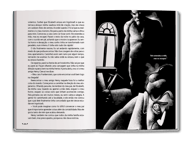 Página dupla de miolo do livro Frankenstein, de Mary Shelley