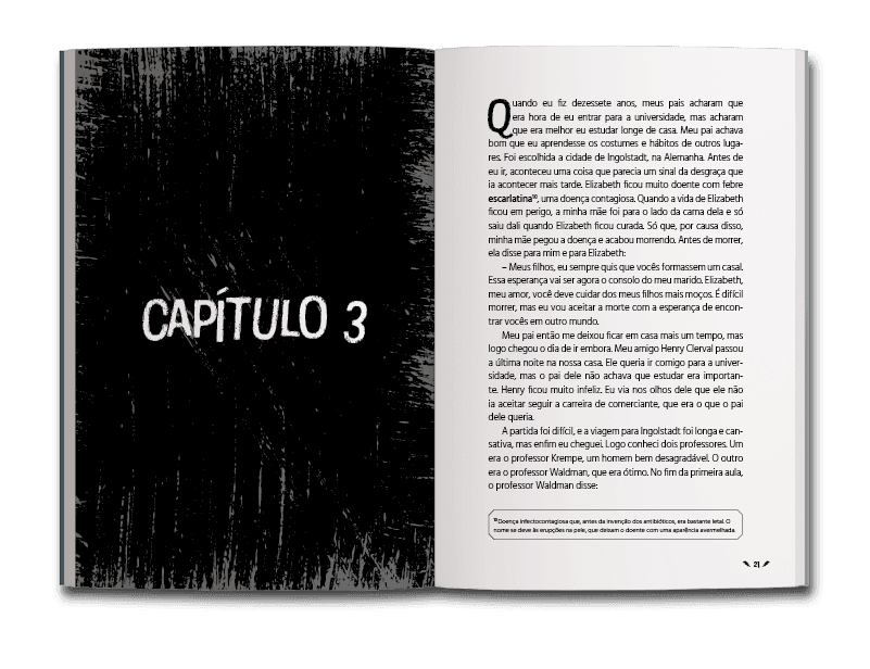 Página dupla de miolo do livro Frankenstein, de Mary Shelley