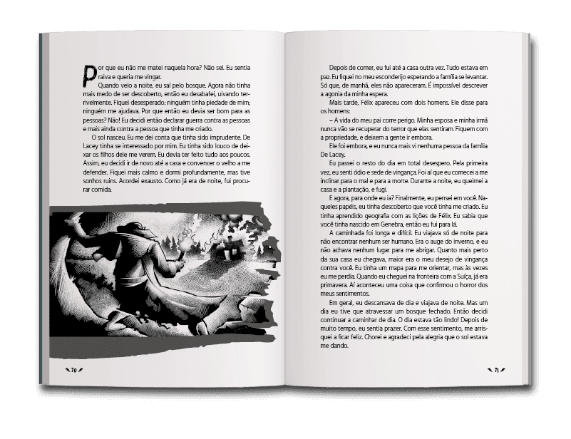 Página dupla de miolo do livro Frankenstein, de Mary Shelley