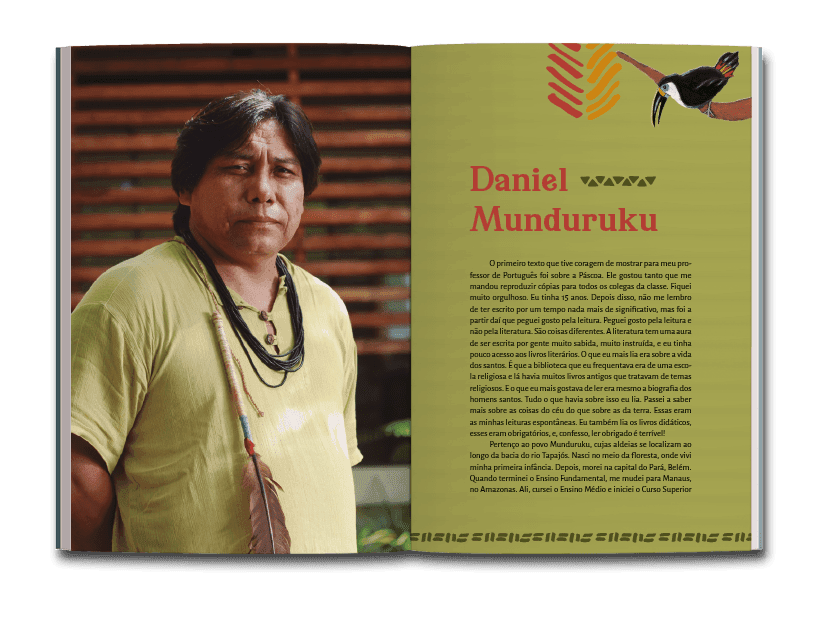 Página dupla de miolo do catálogo: Daniel Munduruku 25 anos de literatura