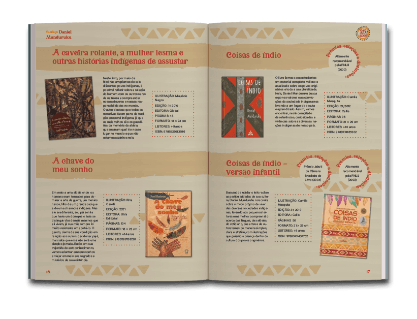 Página dupla de miolo do catálogo: Daniel Munduruku 25 anos de literatura