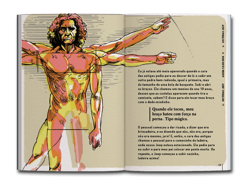 Página dupla de miolo do livro 80 anos jeep: aventuras inspiradas em histórias reais