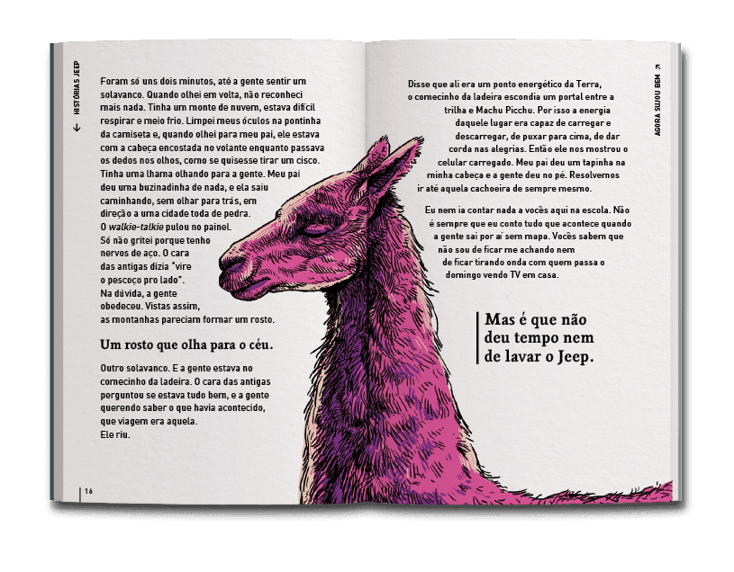 Página dupla de miolo do livro 80 anos jeep: aventuras inspiradas em histórias reais