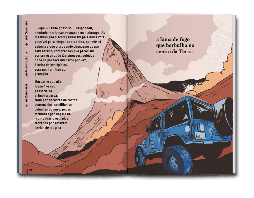 Página dupla de miolo do livro 80 anos jeep: aventuras inspiradas em histórias reais