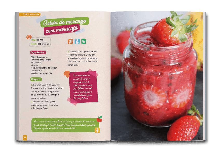 Página dupla com receita de geleia de morango com maracujá do livro Irmão na cozinha: Ser saudável é uma delícia