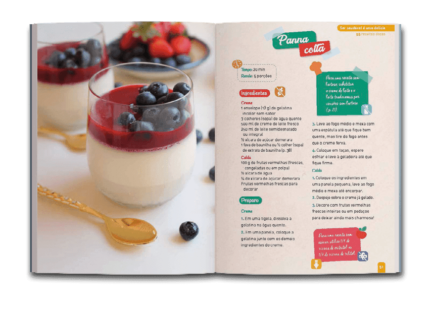 Página dulpa com receita de pannacota do livro Irmão na cozinha: Ser saudável é uma delícia