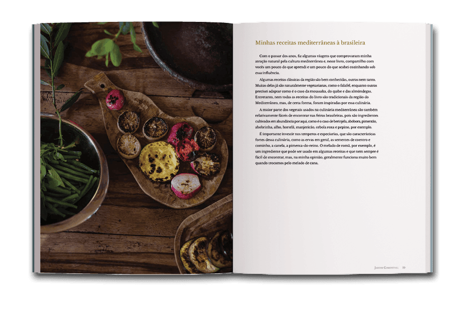 Página dupla sobre comida mediterrânea do livro Jardim comestível
