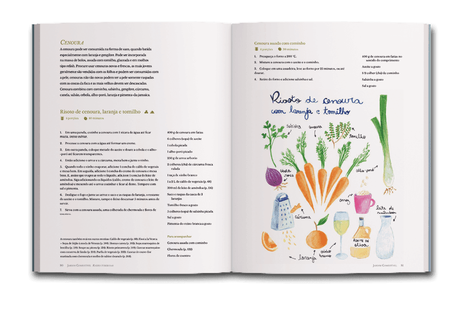 Página dupla com receita de risoto de cenoura, laranja e tomilho do livro Jardim comestível