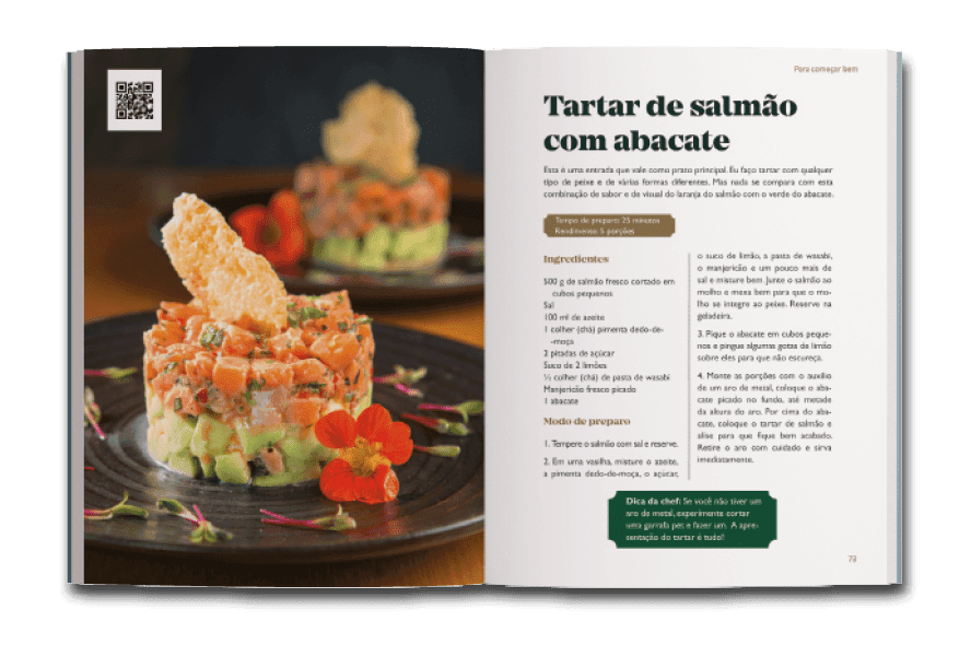 Página dupla com receita de Tartar de salmão com abacate do livro O sabor de compartilhar, de Taiza Krueder