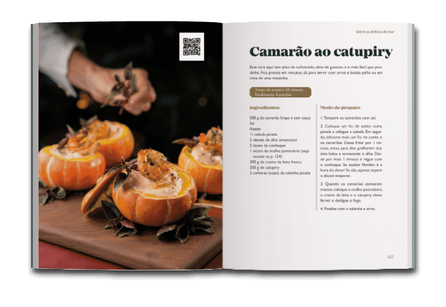 Página dupla com receita de camarão ao catupiry do livro O sabor de compartilhar, de Taiza Krueder